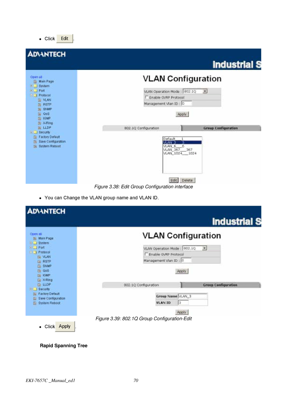 Advantech EKI-7657C user manual Edit Group Configuration interface, Rapid Spanning Tree 