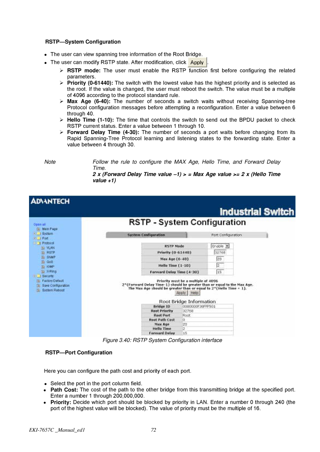 Advantech EKI-7657C user manual RSTP-System Configuration, RSTP-Port Configuration 