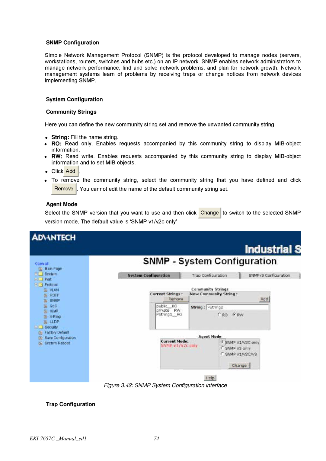 Advantech EKI-7657C user manual Snmp Configuration, System Configuration Community Strings, Agent Mode, Trap Configuration 