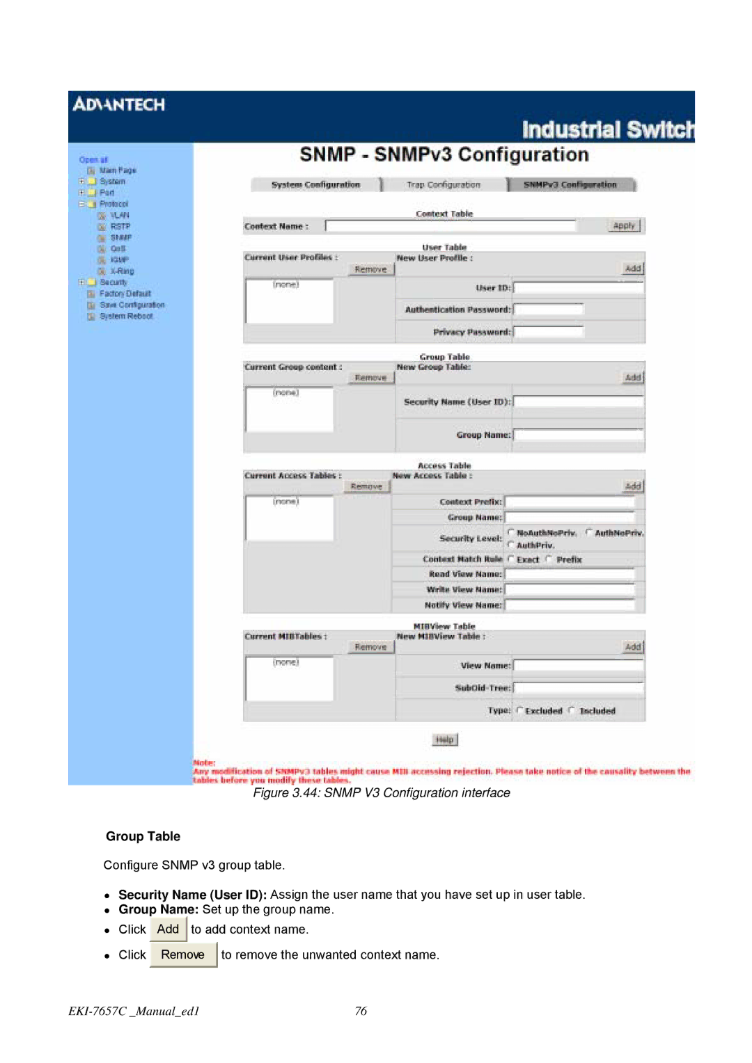 Advantech EKI-7657C user manual Snmp V3 Configuration interface, Group Table 