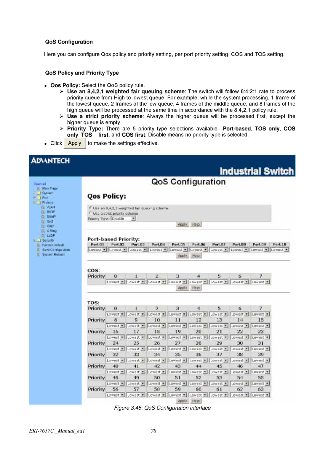 Advantech EKI-7657C user manual QoS Configuration, QoS Policy and Priority Type 