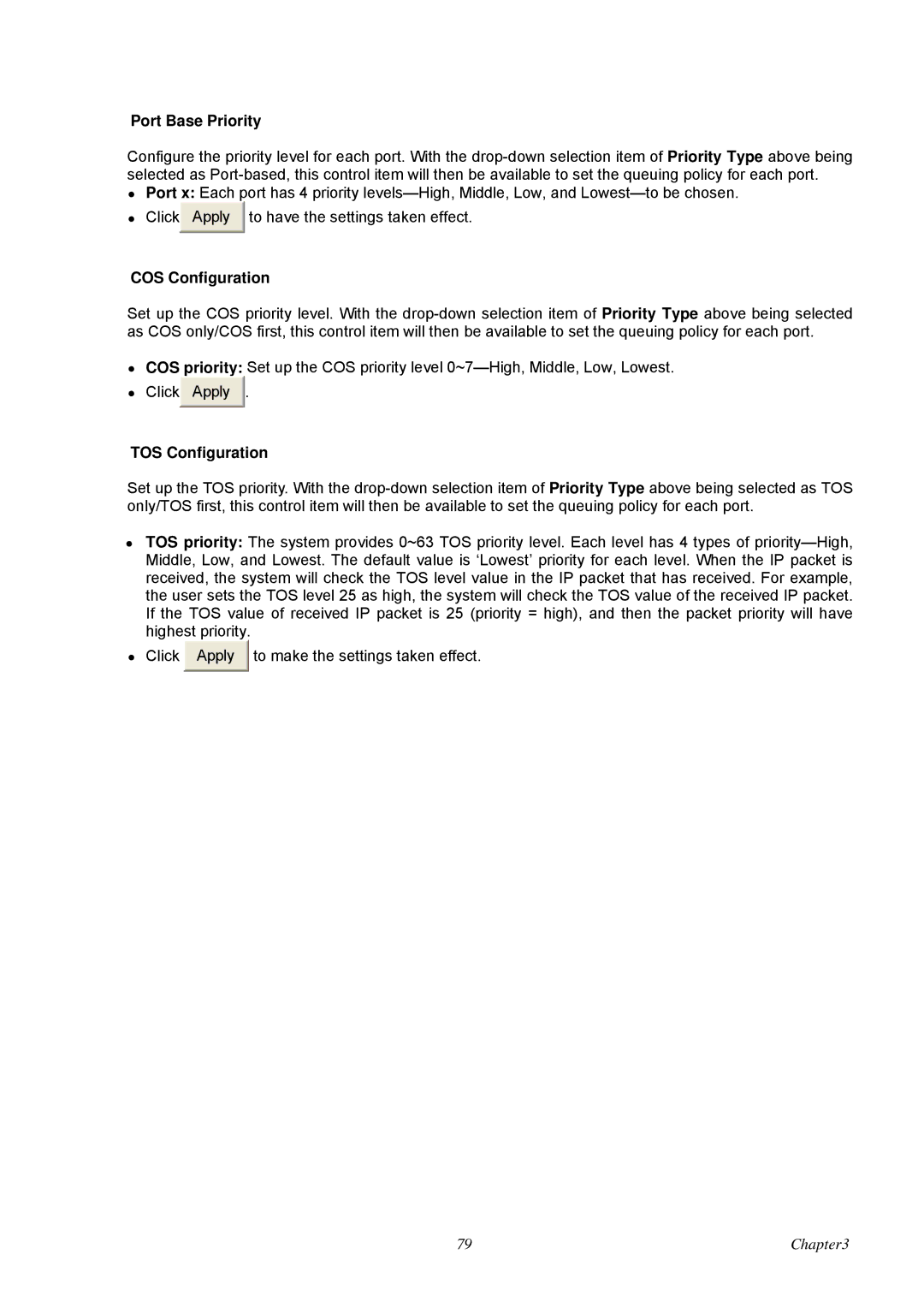 Advantech EKI-7657C user manual Port Base Priority, COS Configuration, TOS Configuration 