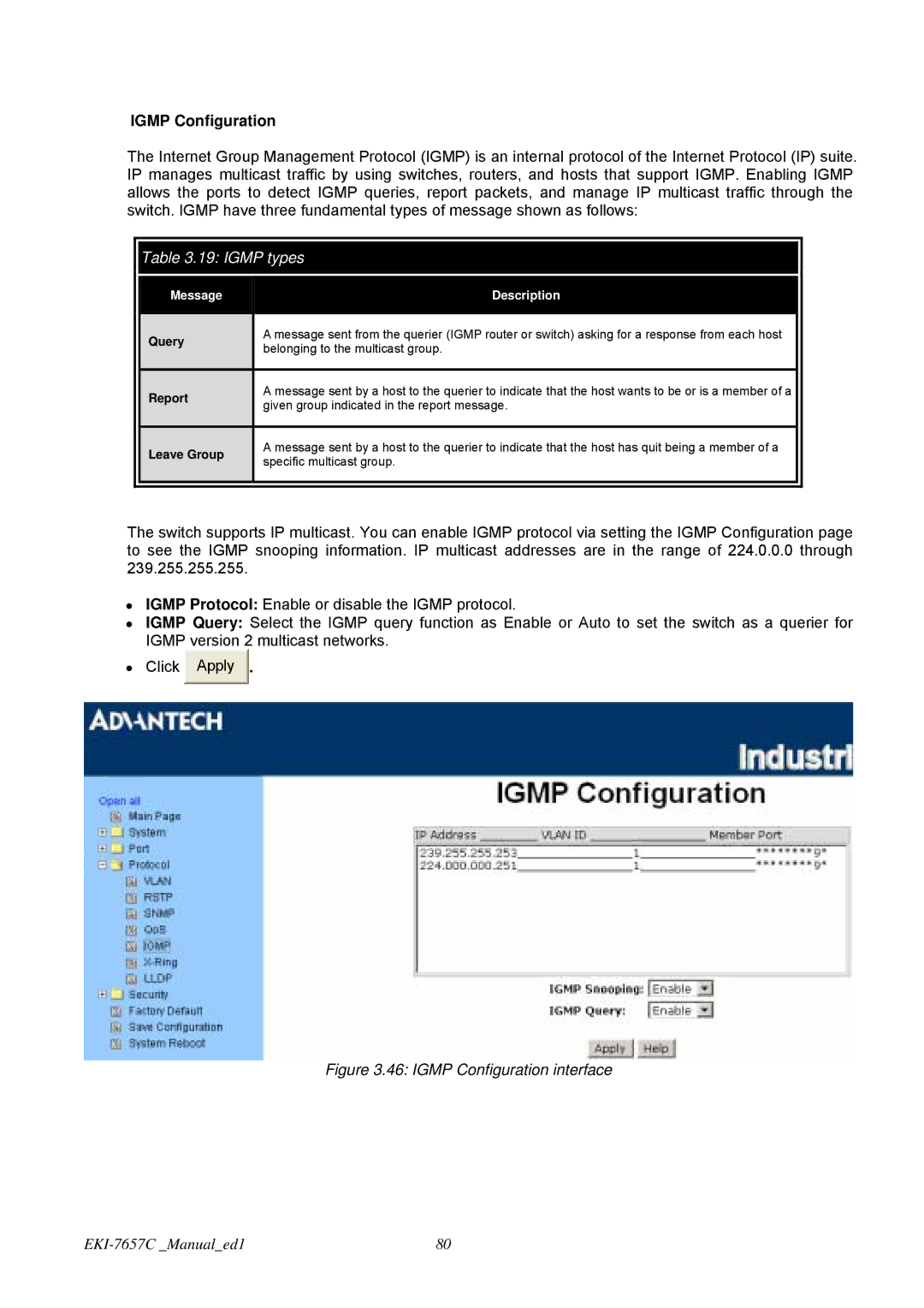 Advantech EKI-7657C user manual Igmp Configuration, Igmp types 