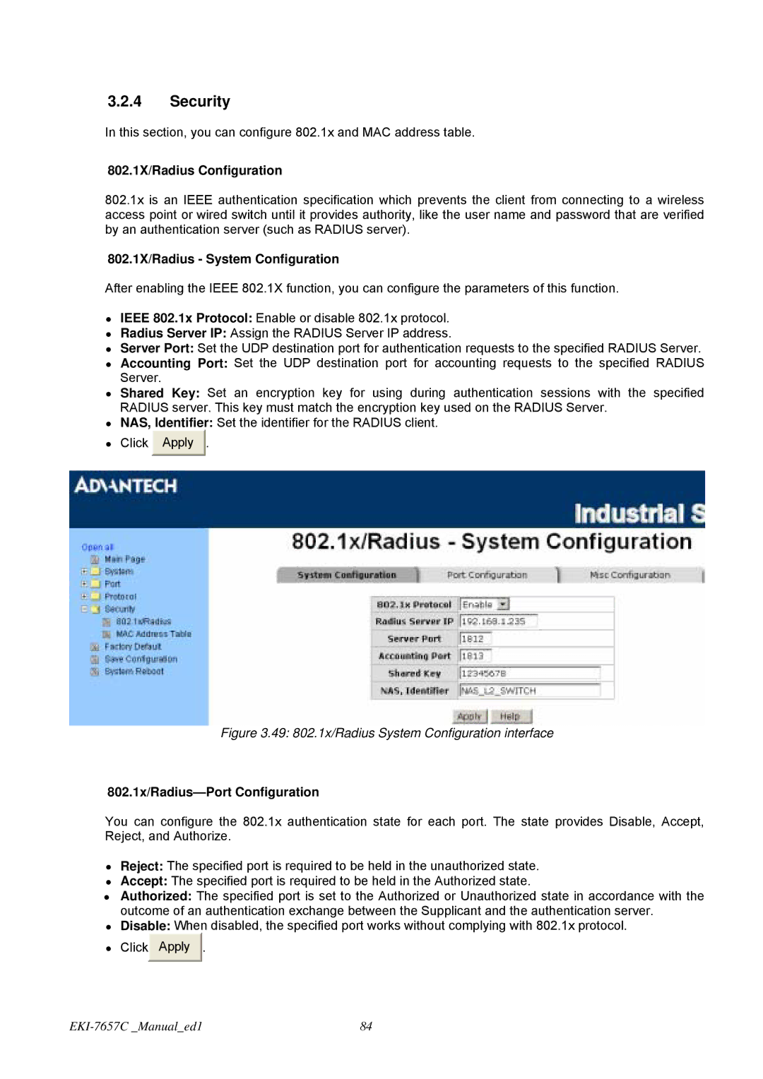 Advantech EKI-7657C user manual Security, 802.1X/Radius Configuration, 802.1X/Radius System Configuration 