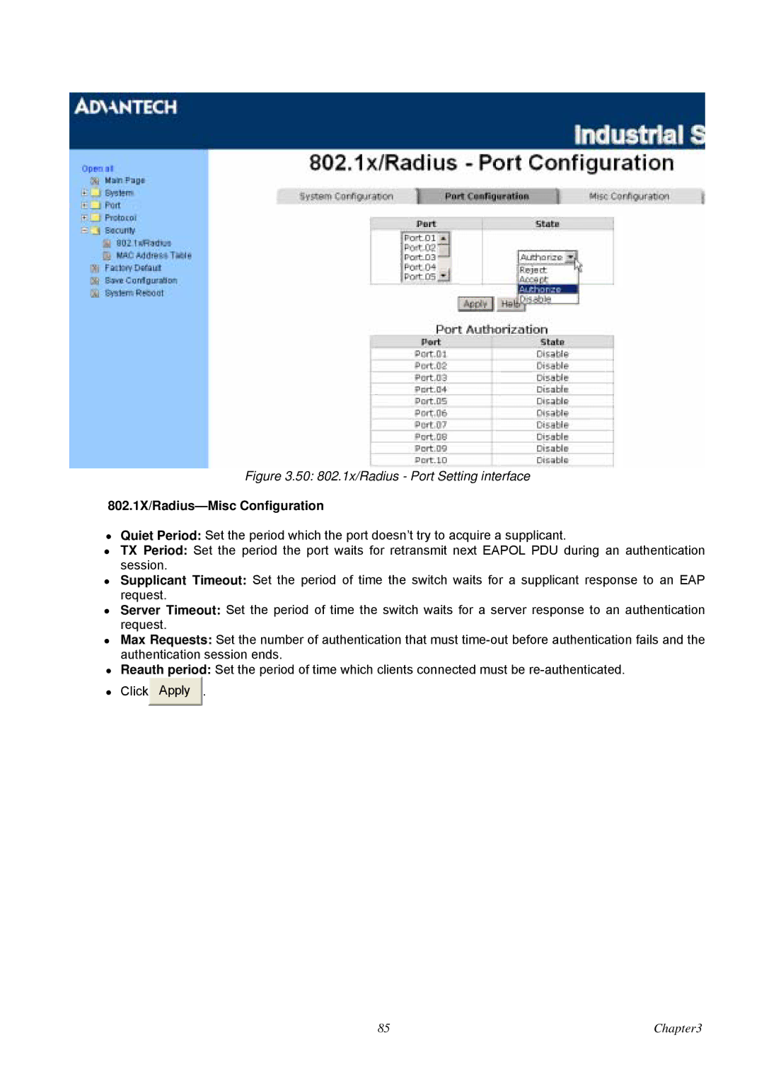 Advantech EKI-7657C user manual 50 802.1x/Radius Port Setting interface, 802.1X/Radius-Misc Configuration 