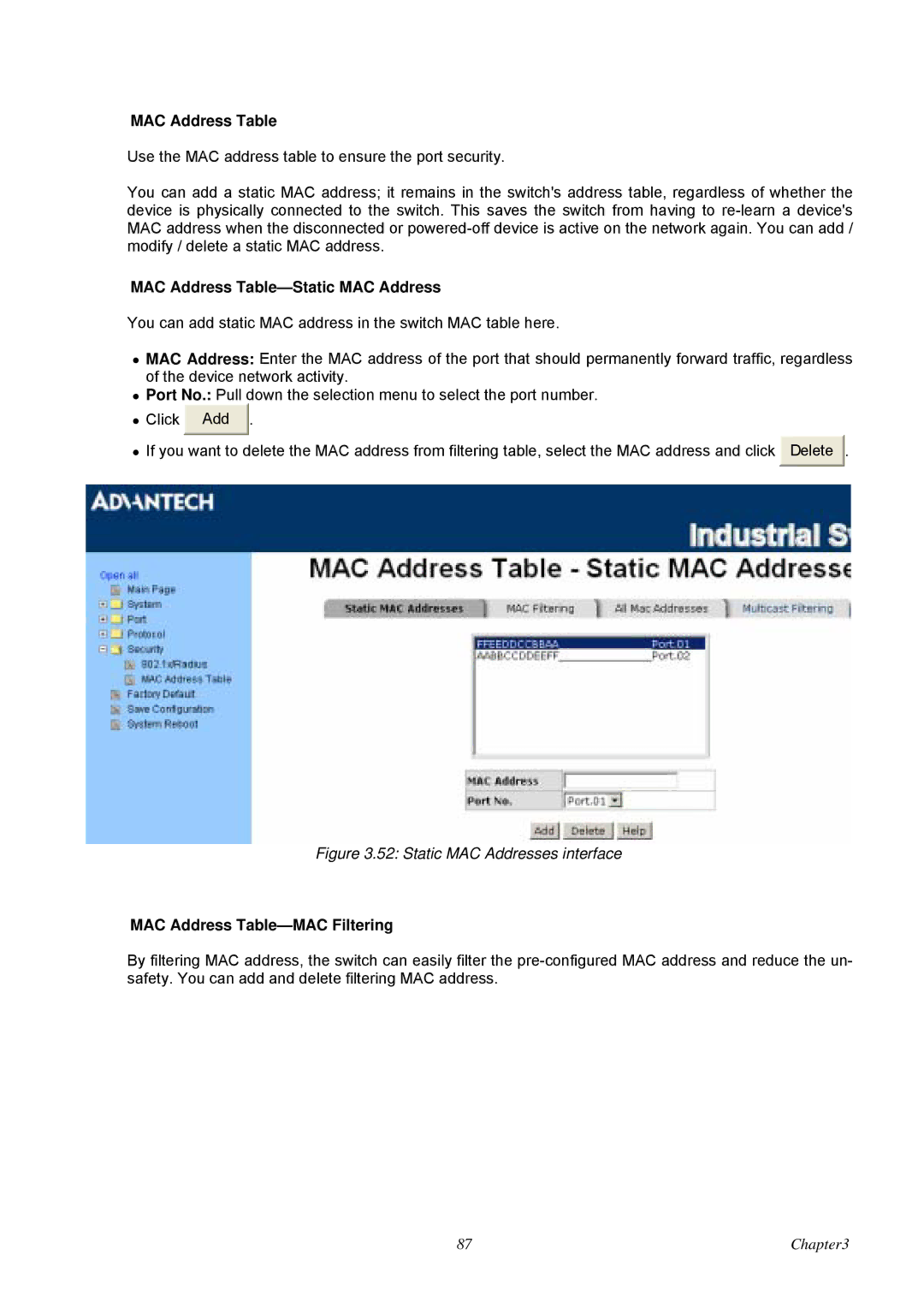 Advantech EKI-7657C user manual MAC Address Table-Static MAC Address, MAC Address Table-MAC Filtering 