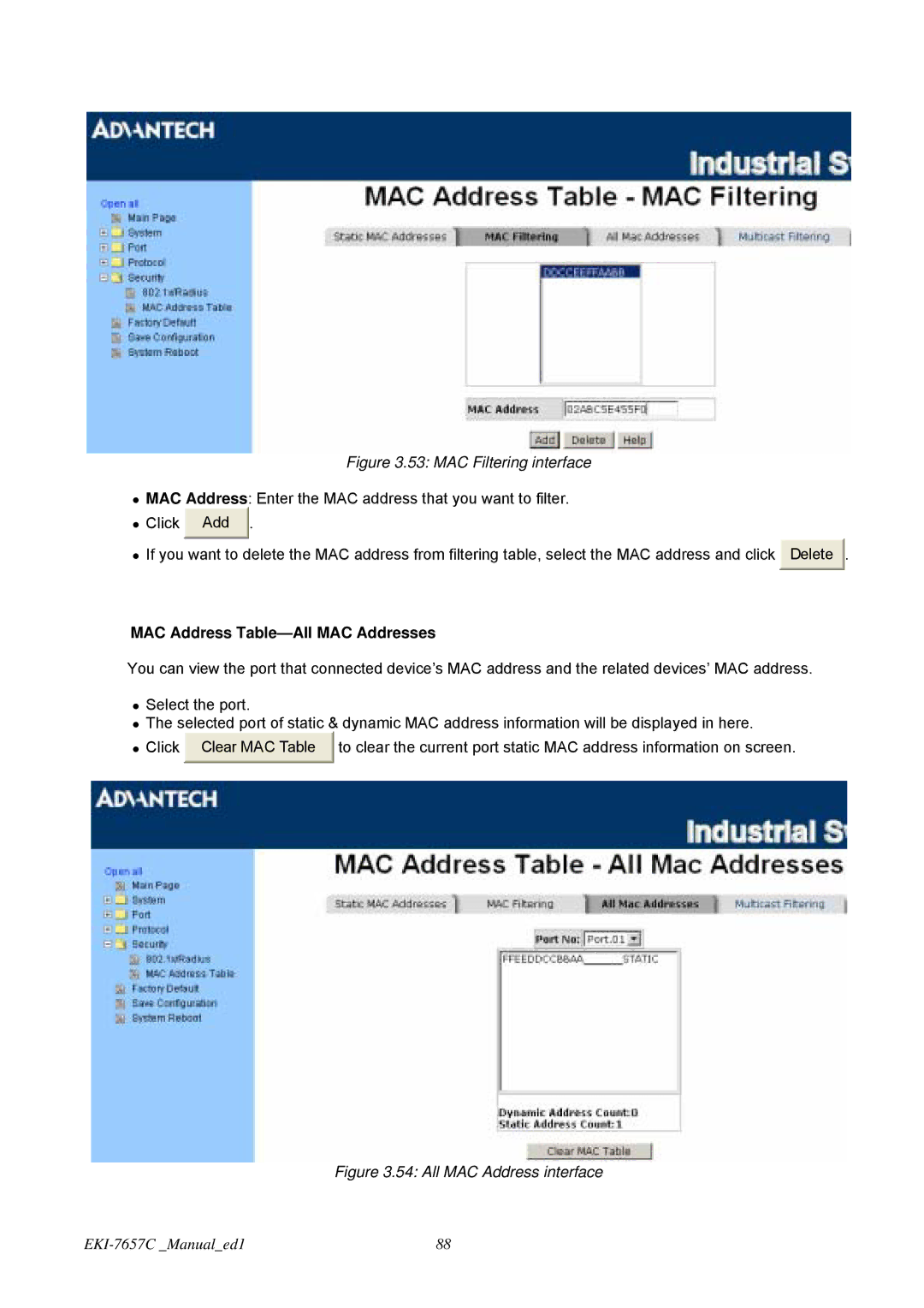 Advantech EKI-7657C user manual MAC Filtering interface, MAC Address Table-All MAC Addresses 