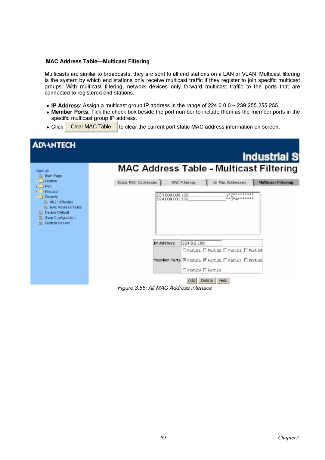 Advantech EKI-7657C user manual MAC Address Table-Multicast Filtering, All MAC Address interface 