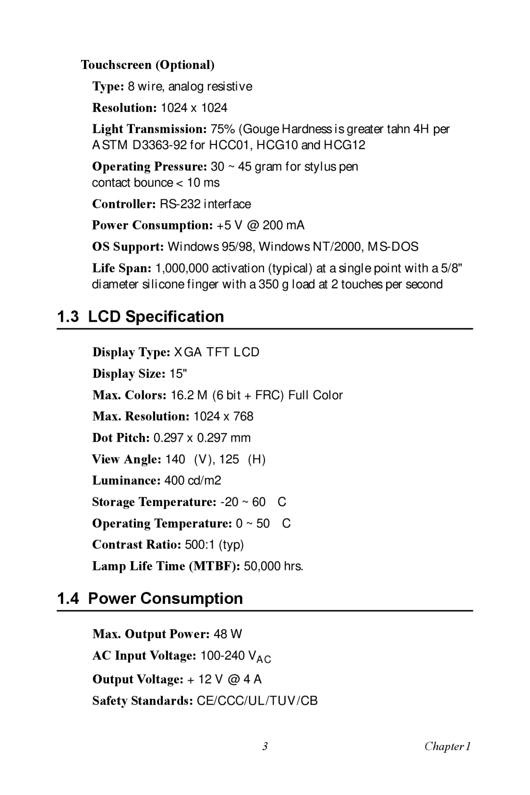 Advantech FPM-3150 Series user manual LCD Specification, Power Consumption 