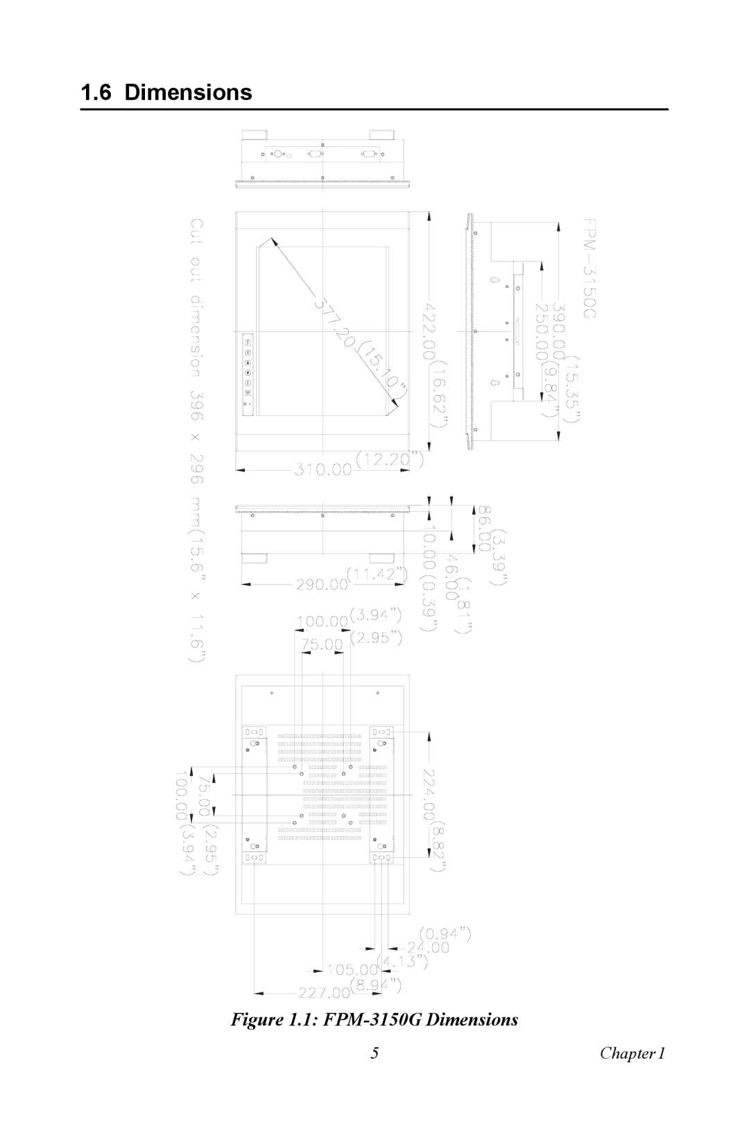 Advantech FPM-3150 Series user manual FPM-3150G Dimensions 