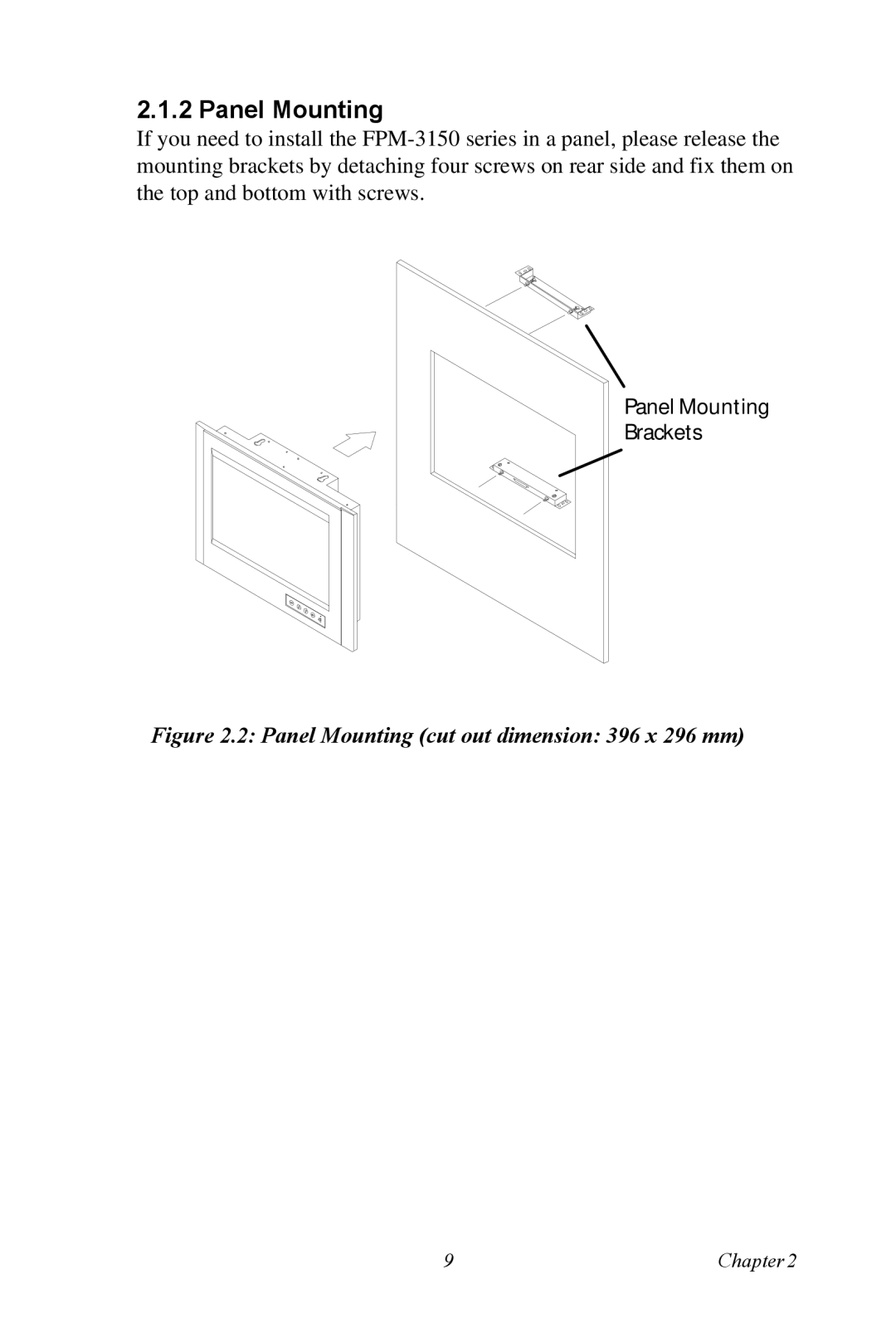 Advantech FPM-3150 Series user manual Panel Mounting cut out dimension 396 x 296 mm 