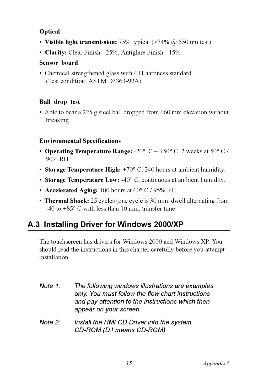 Advantech FPM-3150 Series user manual Installing Driver for Windows 2000/XP, Optical, Sensor board, Ball drop test 