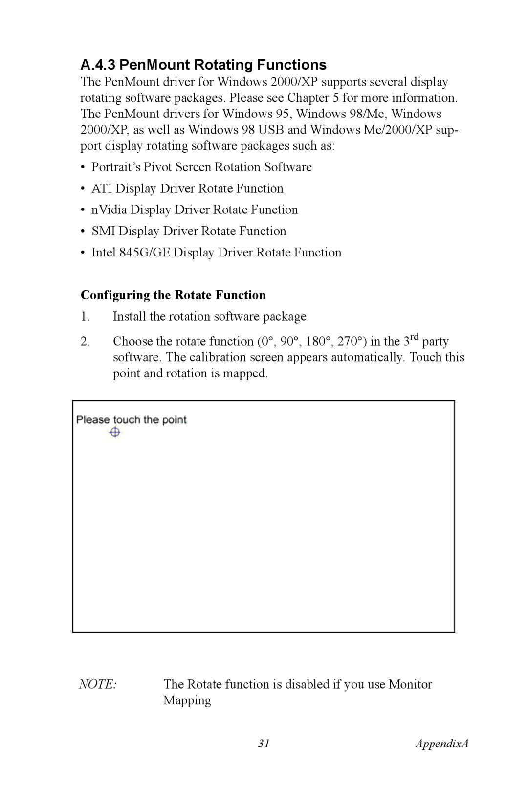 Advantech FPM-3150 Series user manual PenMount Rotating Functions, Configuring the Rotate Function 