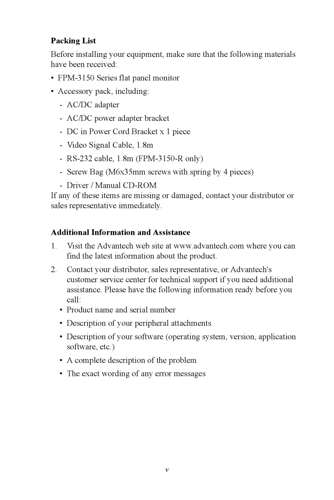 Advantech FPM-3150 Series user manual Packing List, Additional Information and Assistance 