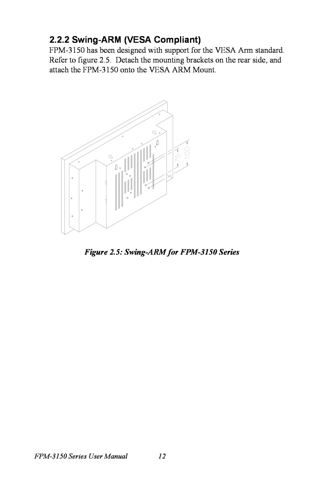 Advantech user manual Swing-ARM VESA Compliant, 5 Swing-ARM for FPM-3150 Series, FPM-3150 Series User Manual 