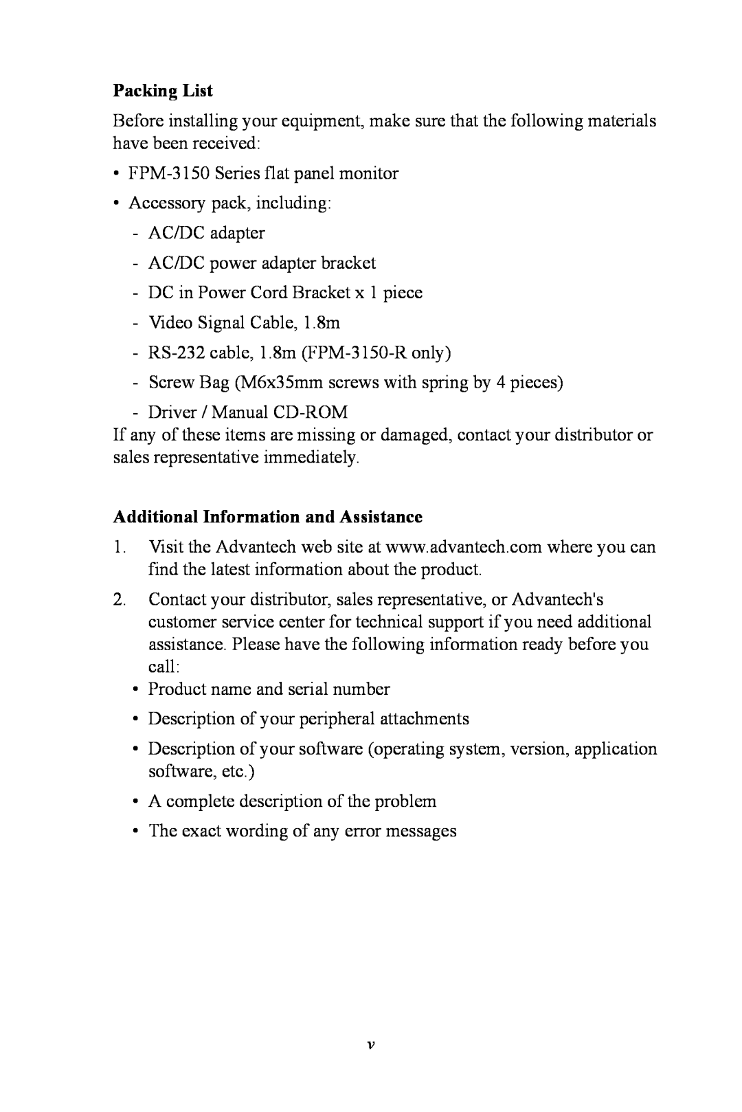 Advantech FPM-3150 Series user manual Packing List, Additional Information and Assistance 