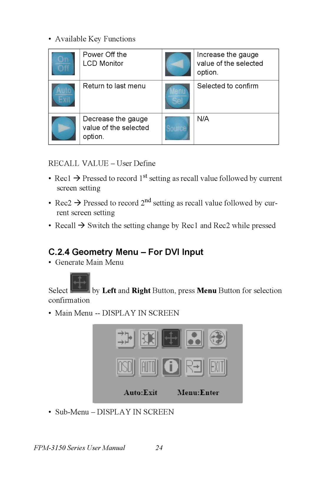 Advantech FPM-3150G user manual Geometry Menu For DVI Input 