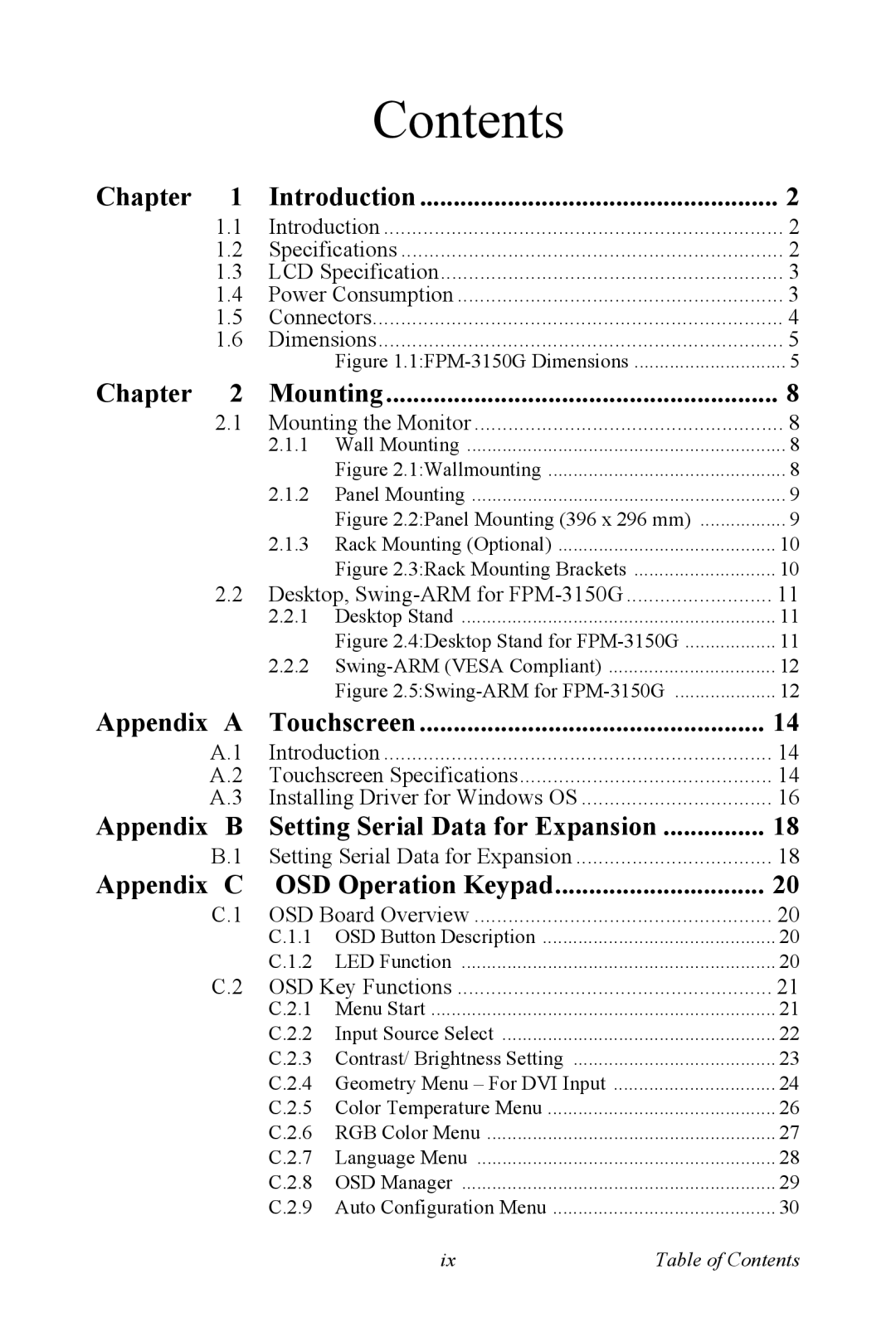 Advantech FPM-3150G user manual Contents 