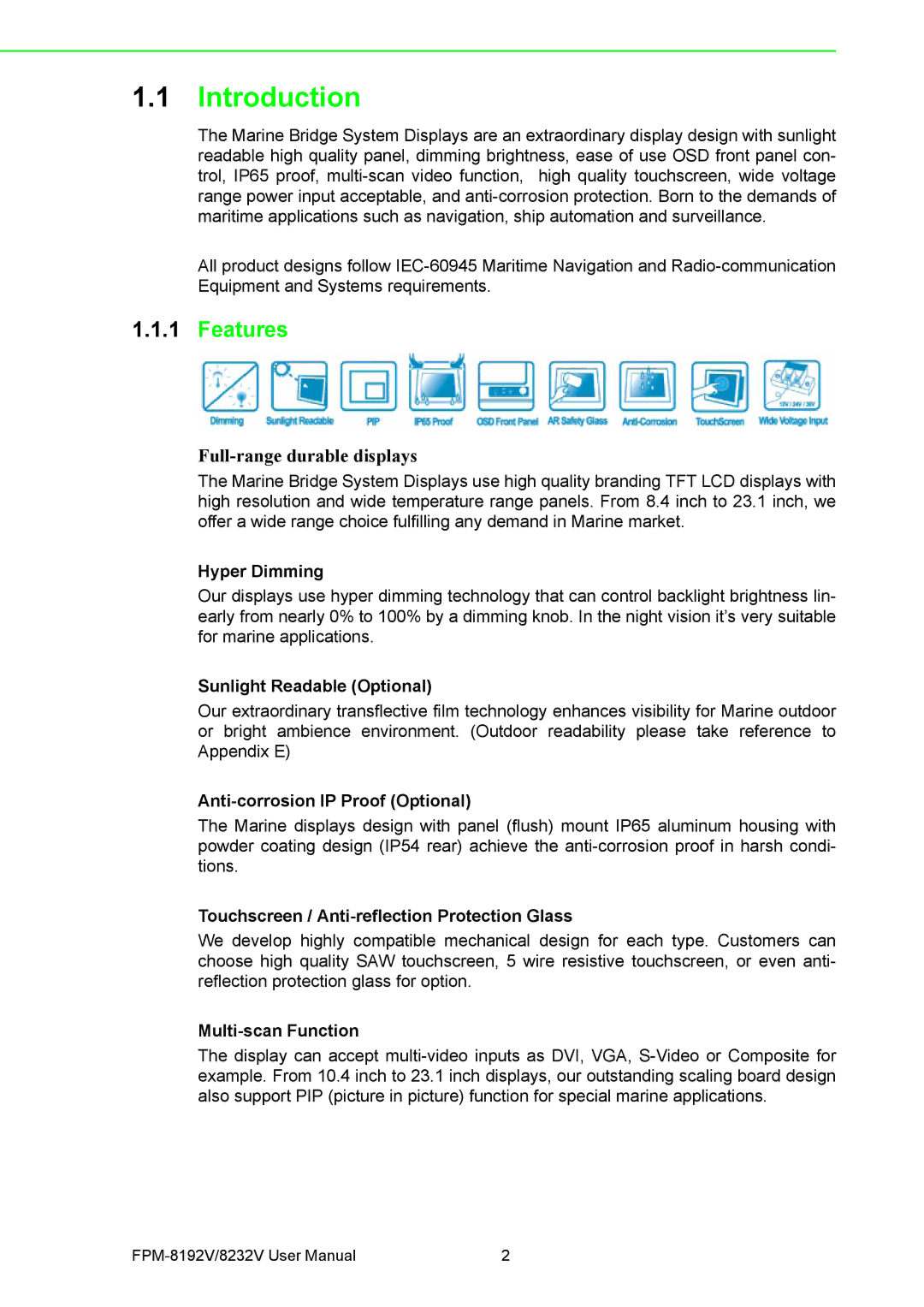 Advantech FPM-8192V/8232V user manual Introduction, Features 