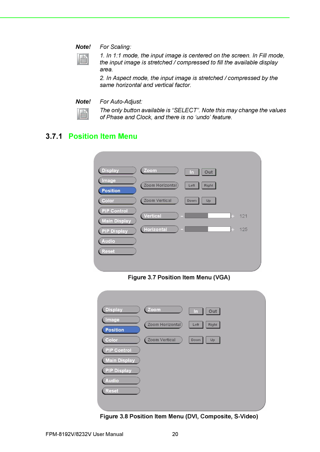 Advantech FPM-8192V/8232V user manual Position Item Menu VGA 