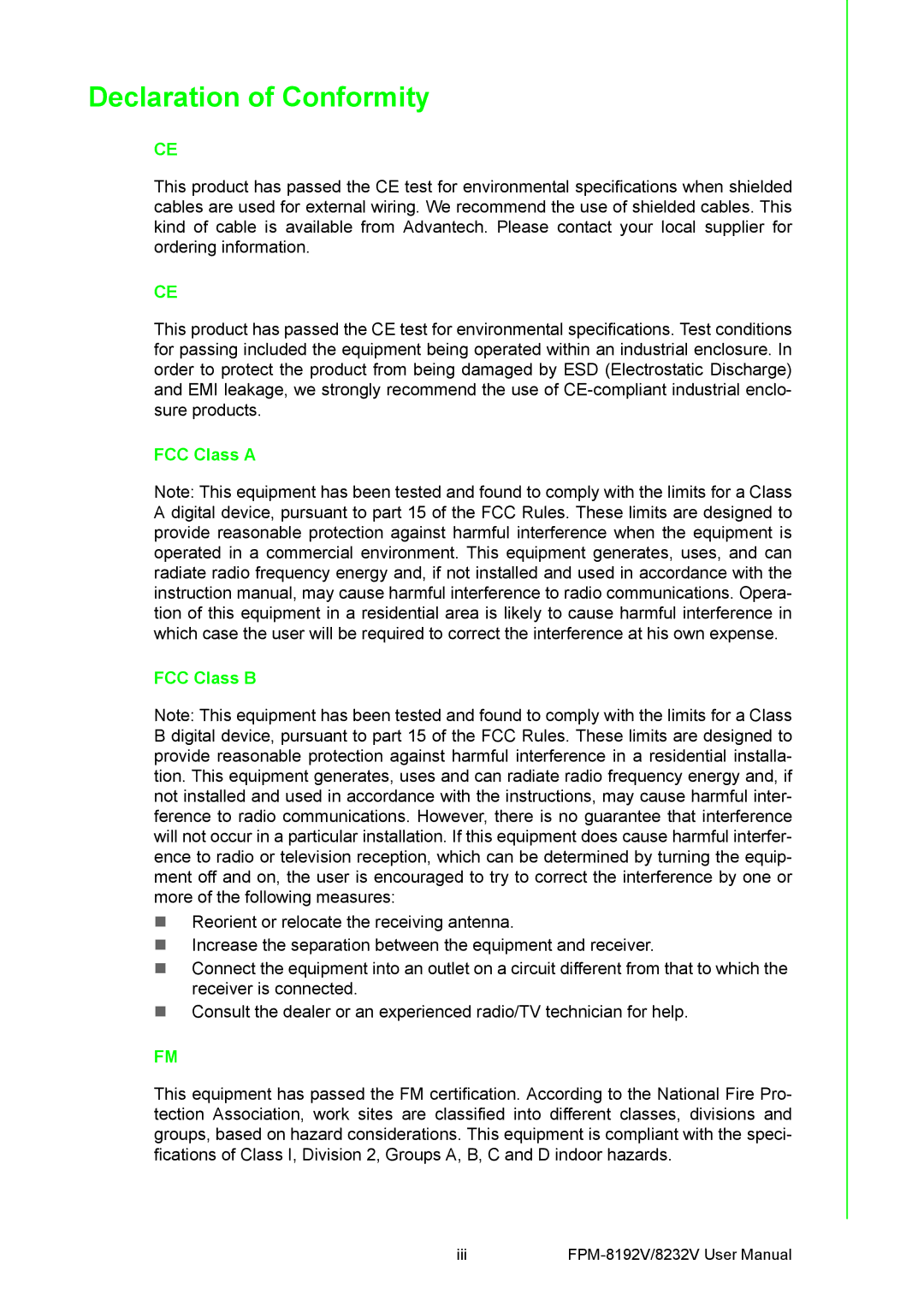 Advantech FPM-8192V/8232V user manual Declaration of Conformity, FCC Class a FCC Class B 