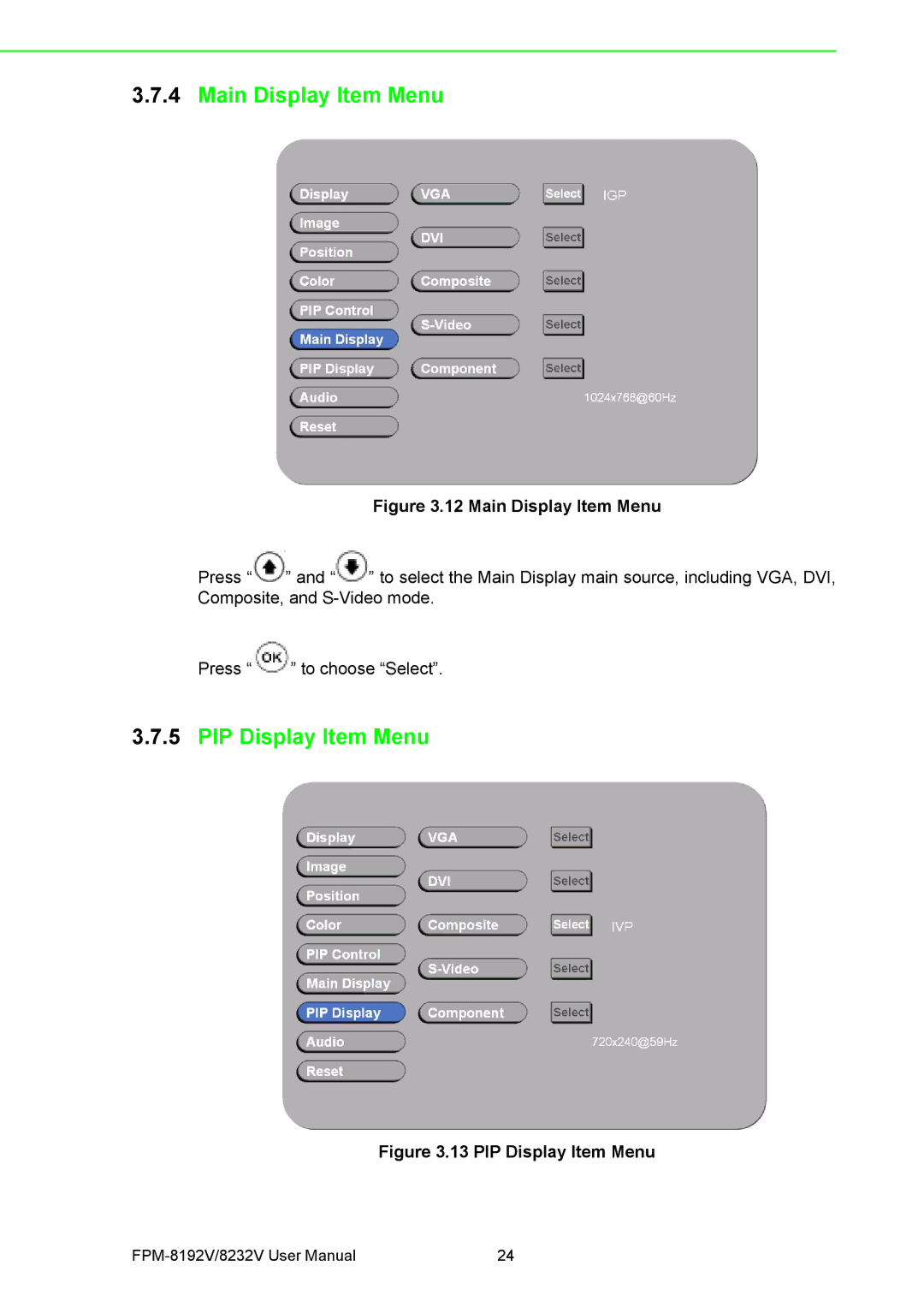 Advantech FPM-8192V/8232V user manual Main Display Item Menu, PIP Display Item Menu 