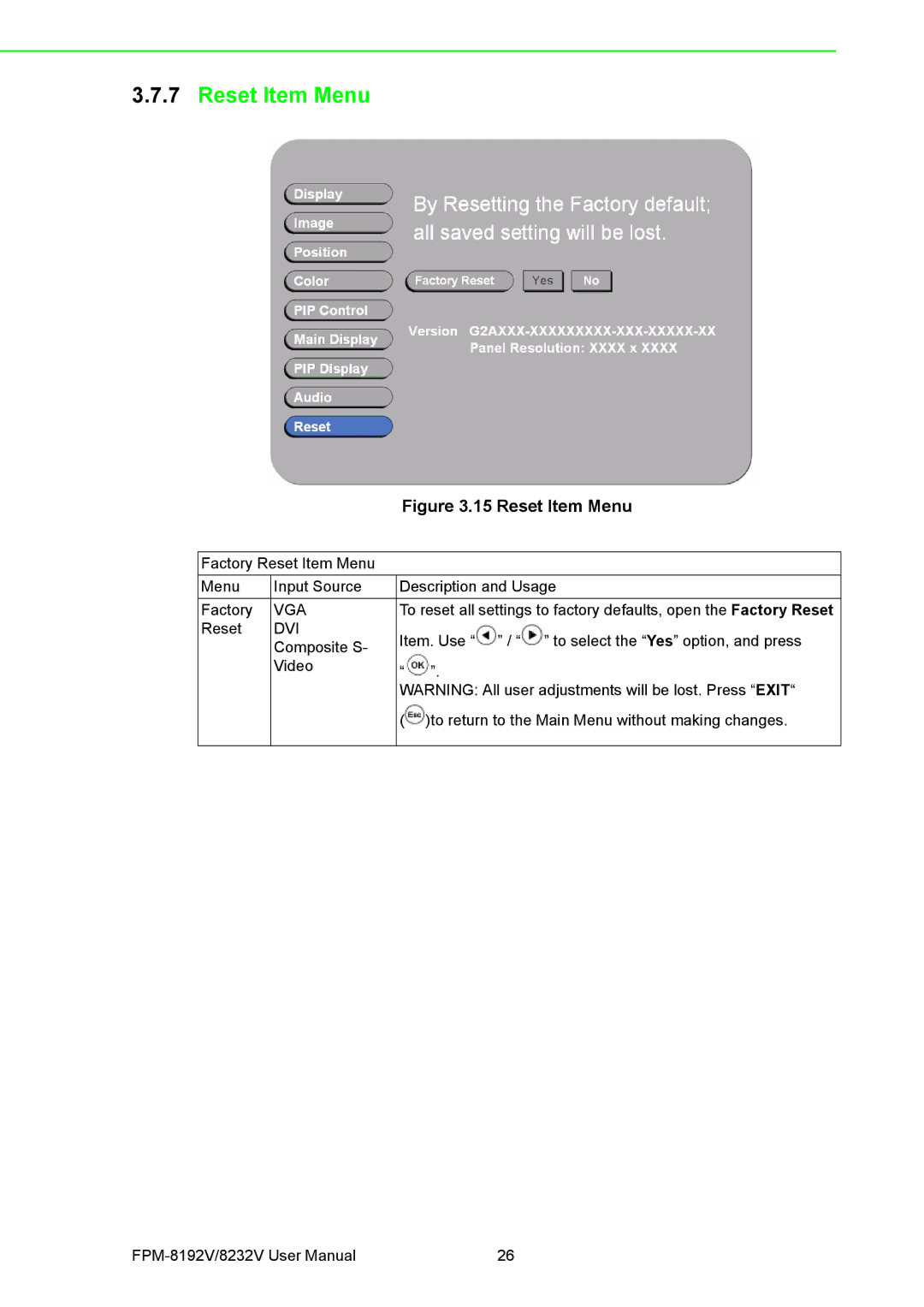 Advantech FPM-8192V/8232V user manual Reset Item Menu 