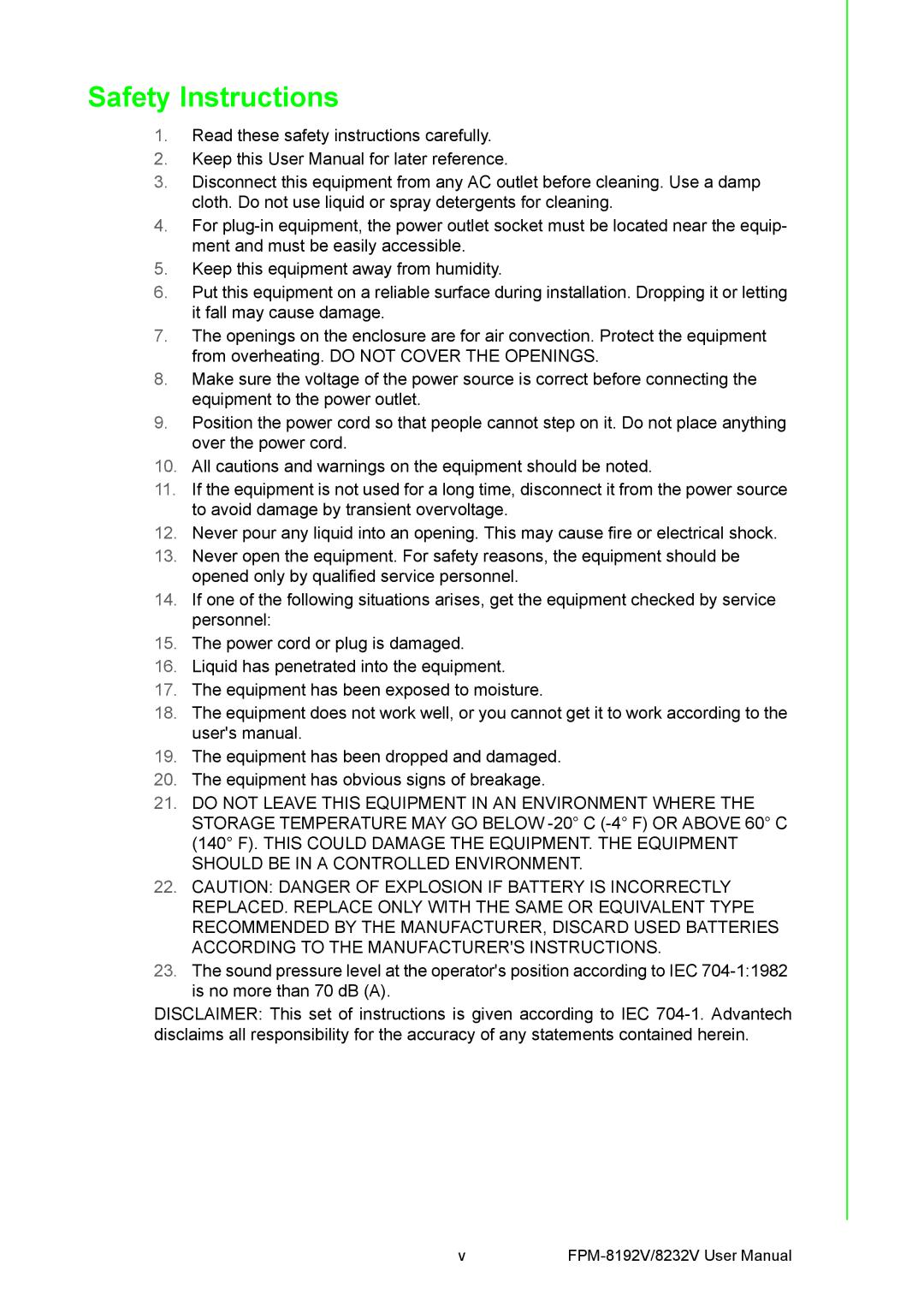 Advantech FPM-8192V/8232V user manual Safety Instructions 