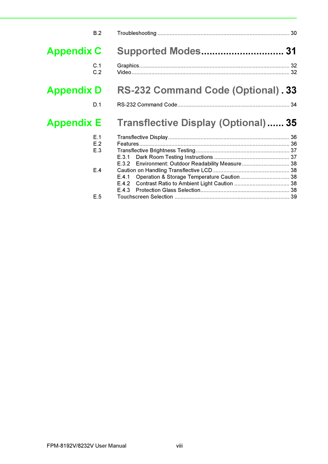 Advantech FPM-8192V/8232V user manual Appendix C, Appendix E Transflective Display Optional 