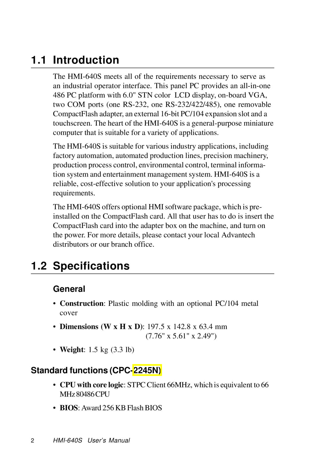 Advantech HMI-640S user manual Introduction, Specifications, General, Standard functions CPC-2245N 