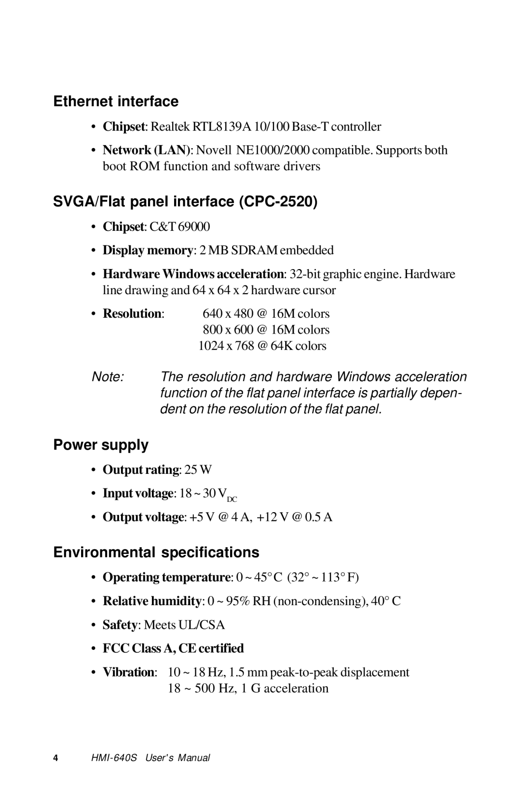 Advantech HMI-640S Ethernet interface, SVGA/Flat panel interface CPC-2520, Power supply, Environmental specifications 