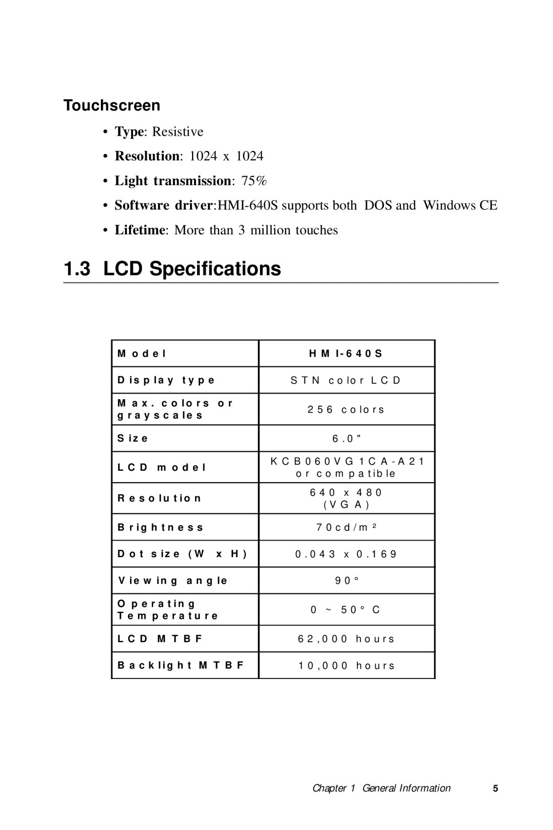 Advantech HMI-640S user manual LCD Specifications, Touchscreen 