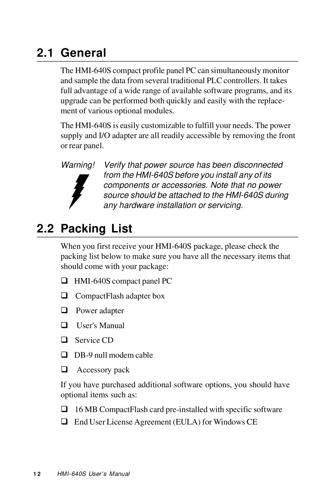 Advantech HMI-640S user manual General, Packing List 