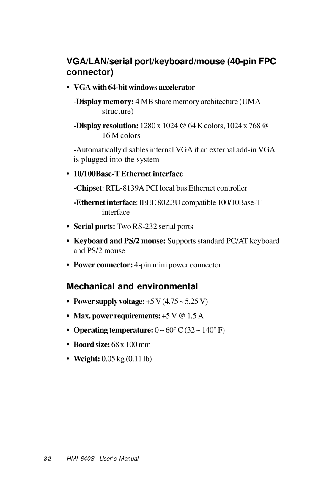 Advantech HMI-640S user manual VGA/LAN/serial port/keyboard/mouse 40-pin FPC connector, Mechanical and environmental 