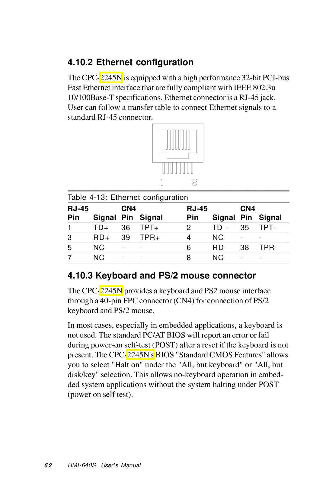 Advantech HMI-640S user manual Ethernet configuration, Keyboard and PS/2 mouse connector 