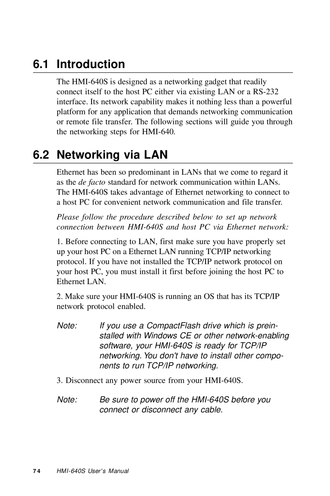 Advantech HMI-640S user manual Networking via LAN, Connect or disconnect any cable 