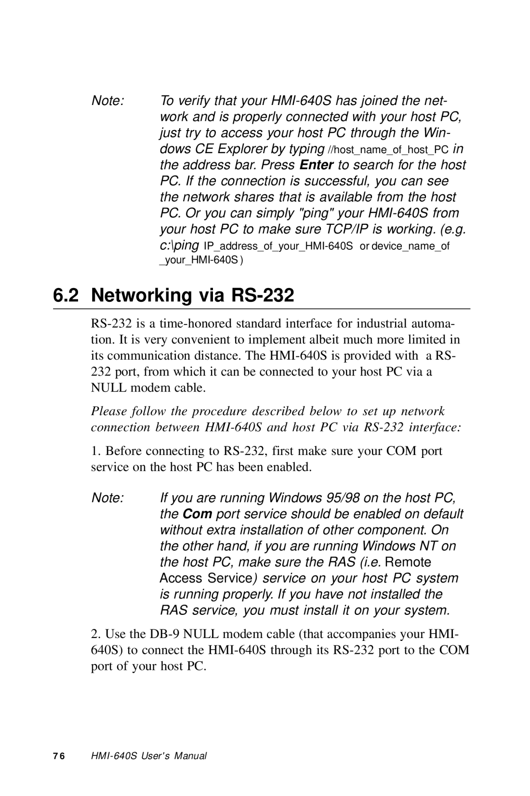 Advantech HMI-640S user manual Networking via RS-232, RAS service, you must install it on your system 