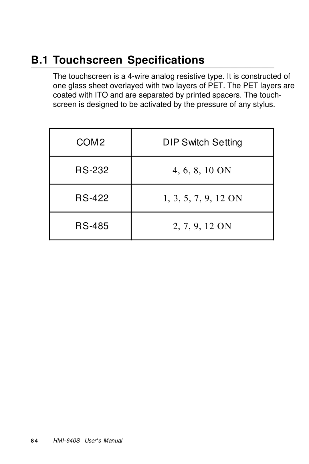 Advantech HMI-640S user manual Touchscreen Specifications 