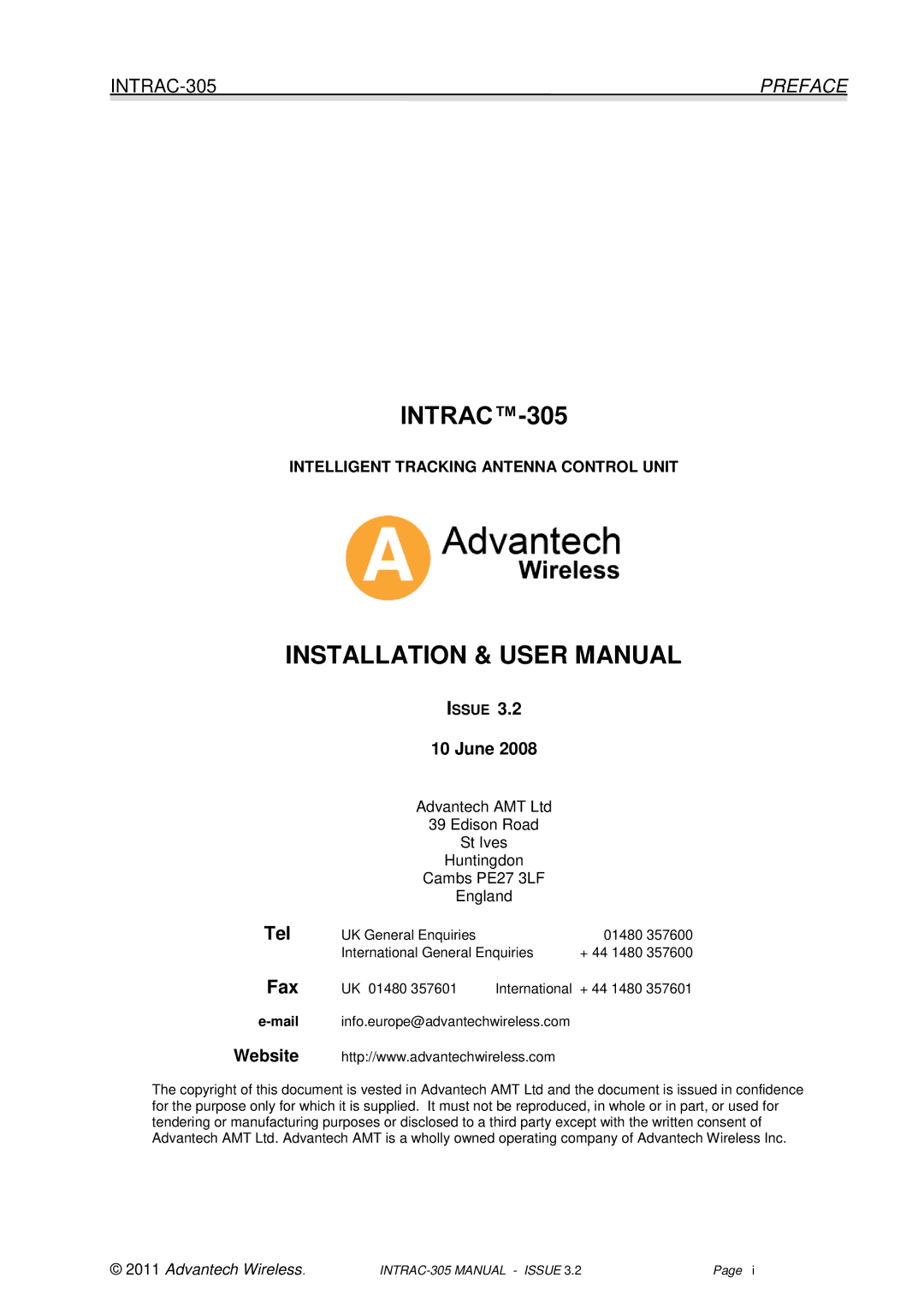 Advantech INTRAC-305 user manual Preface 