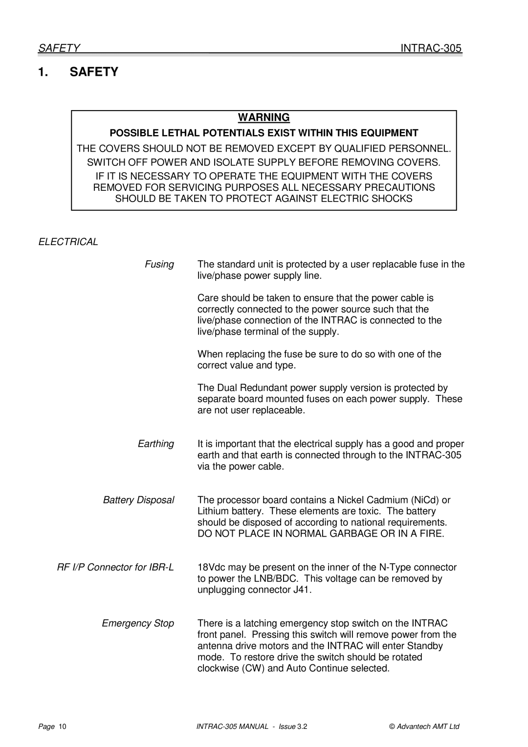 Advantech user manual Safety INTRAC-305, Electrical, Do not Place in Normal Garbage or in a Fire 