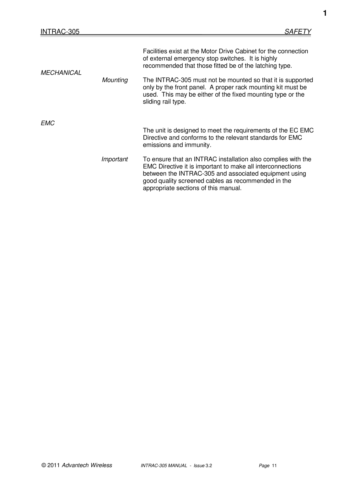 Advantech INTRAC-305 user manual Safety, Mechanical, Emc 