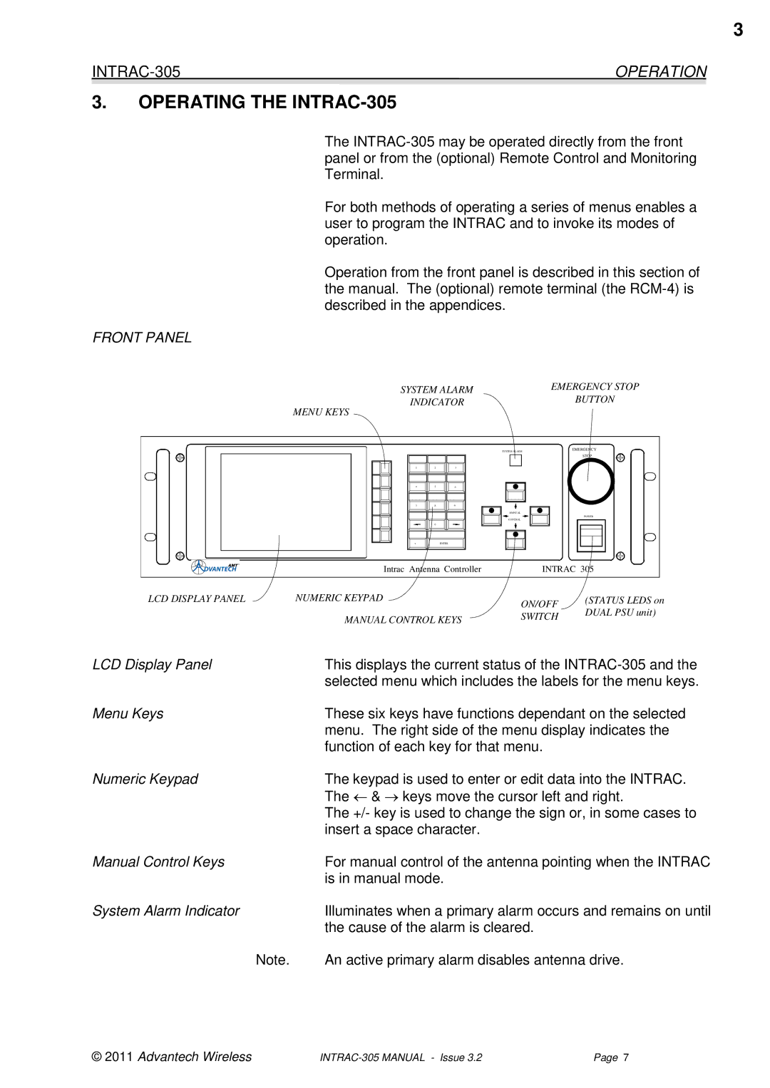 Advantech user manual Operating the INTRAC-305, Operation, Front Panel 