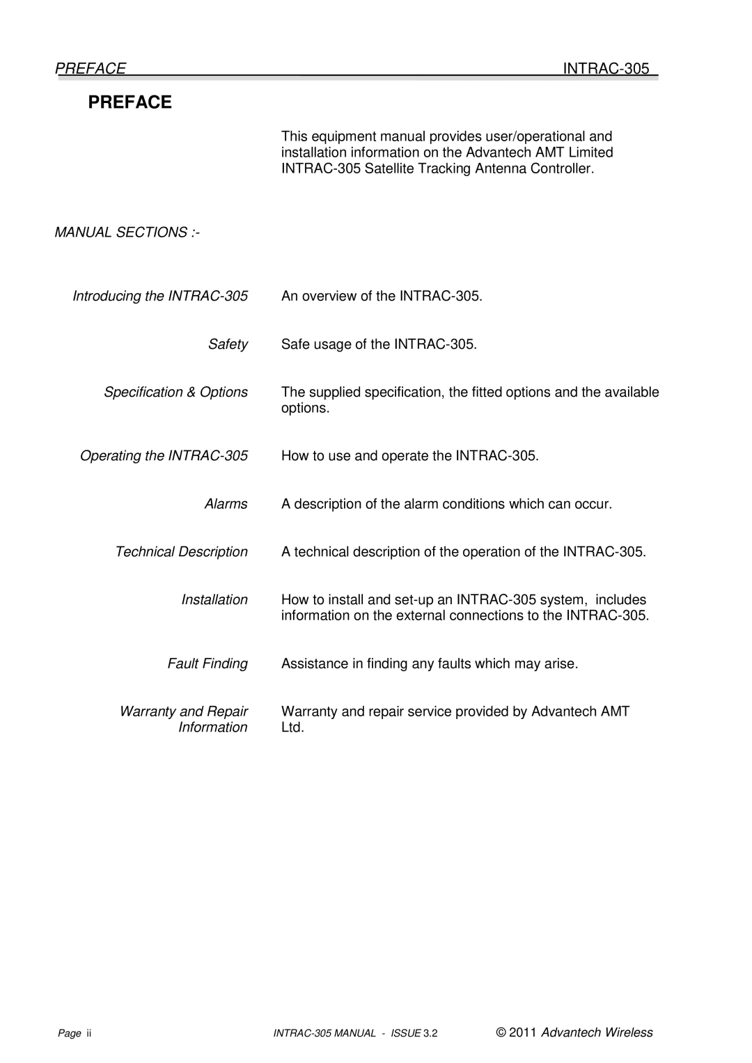 Advantech INTRAC-305 user manual Preface, Manual Sections 