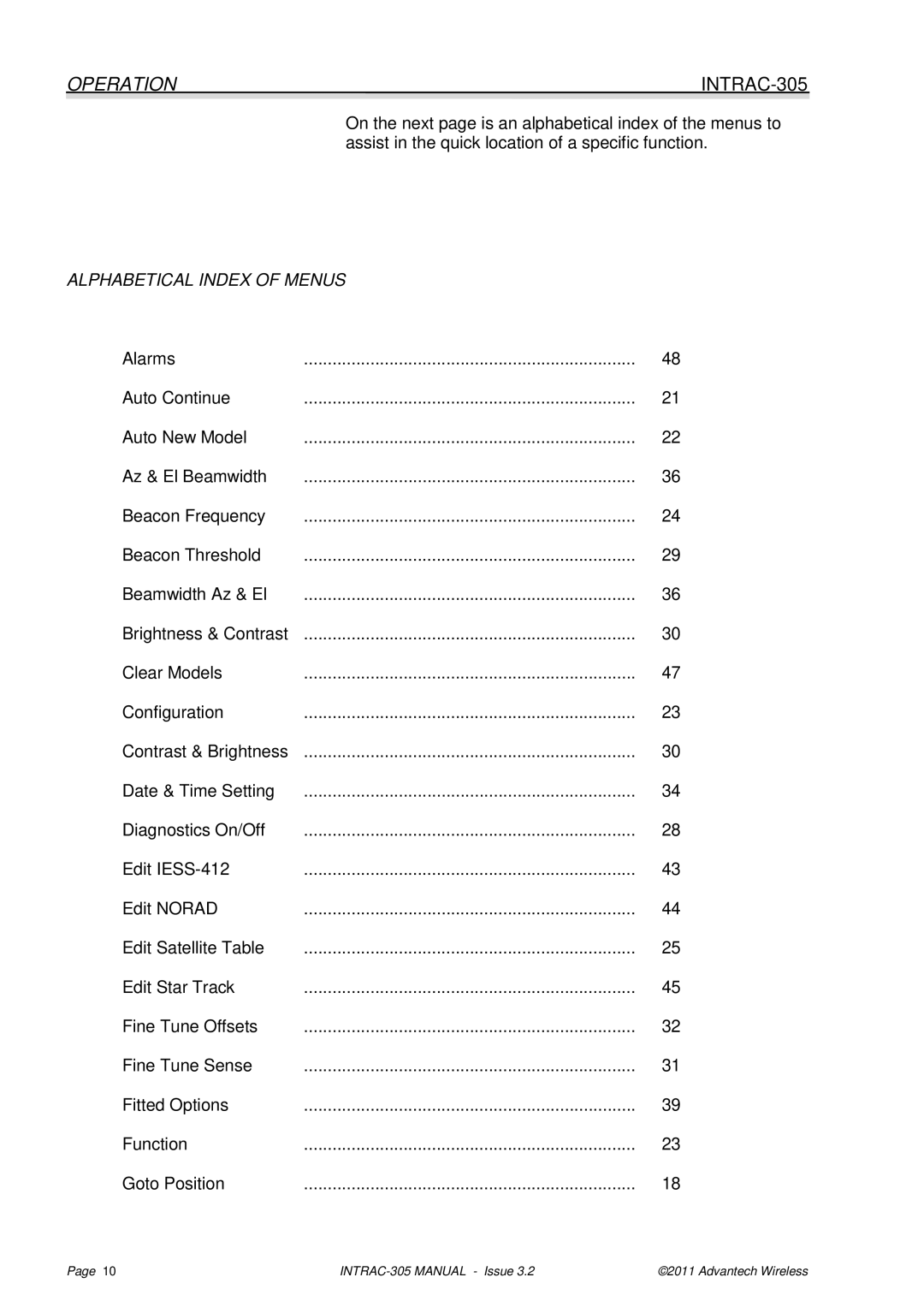 Advantech INTRAC-305 user manual Alphabetical Index of Menus 