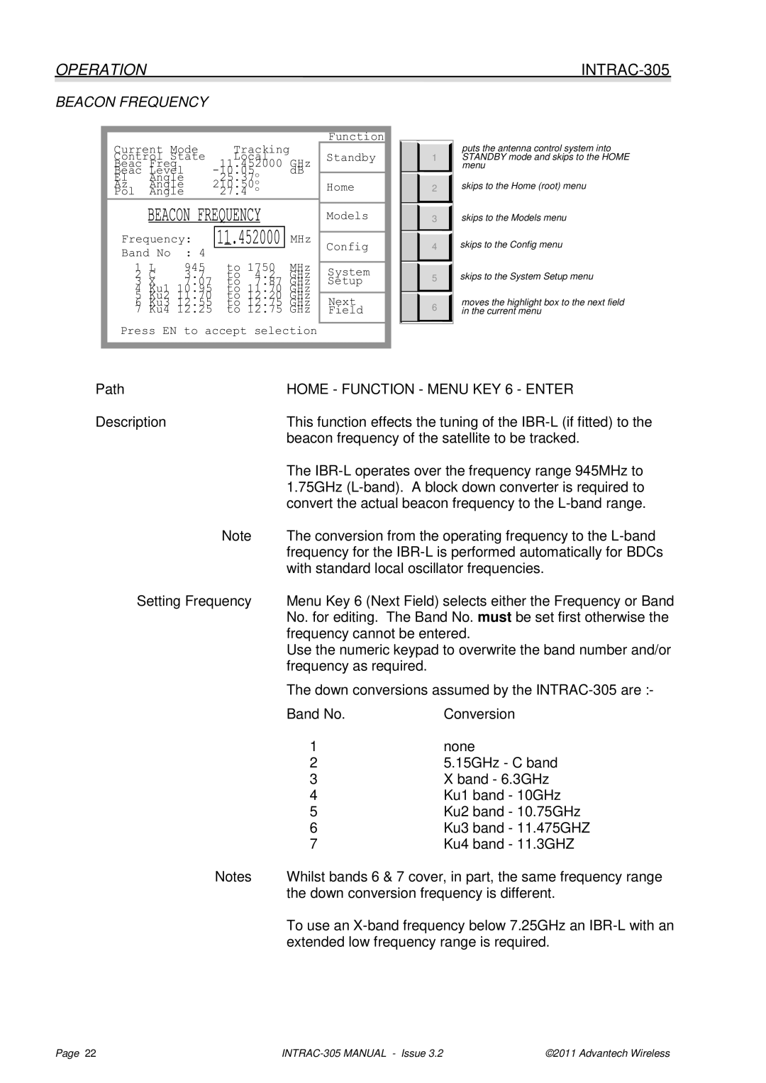 Advantech INTRAC-305 user manual Beacon Frequency, Home Function Menu KEY 6 Enter 