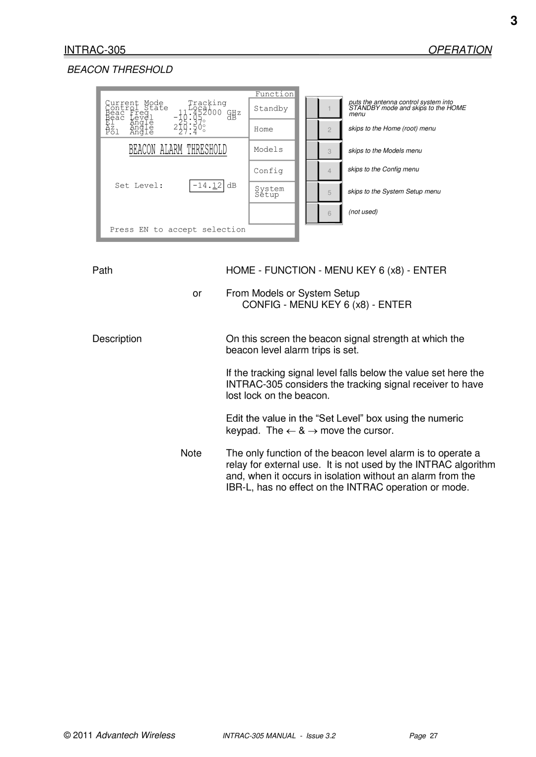 Advantech INTRAC-305 user manual Operation, Beacon Threshold 