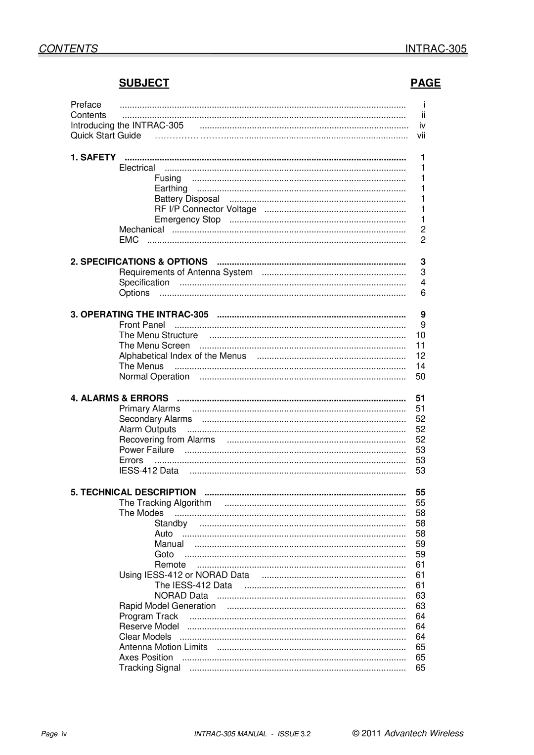 Advantech user manual Contents INTRAC-305, Subject 