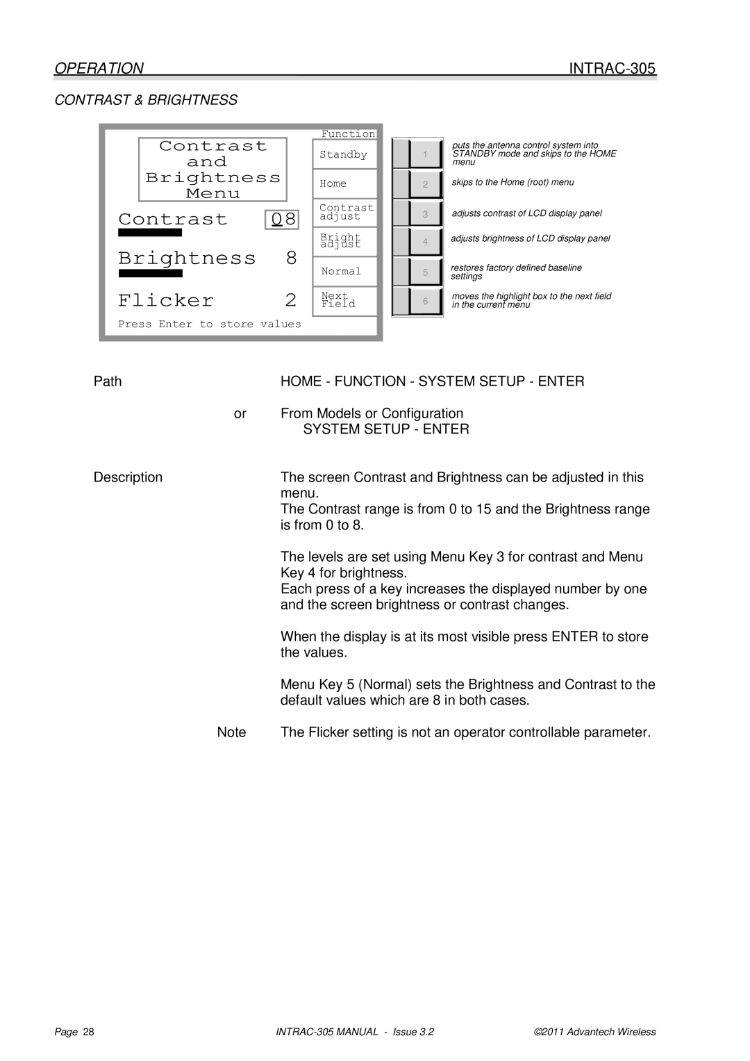 Advantech INTRAC-305 user manual Contrast & Brightness, Home Function System Setup Enter 