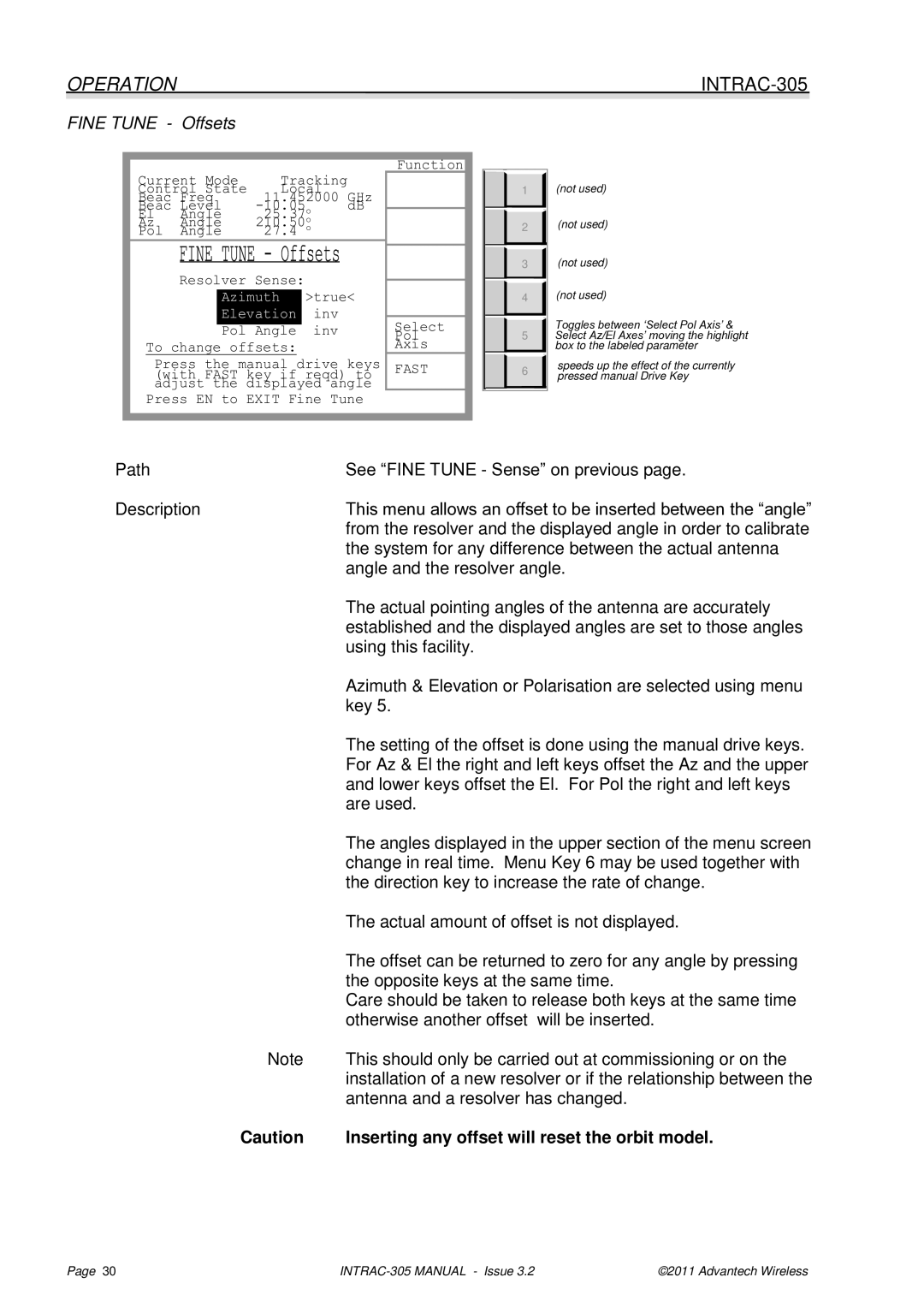 Advantech INTRAC-305 user manual Fine Tune Offsets, Azimuth true Elevation inv 