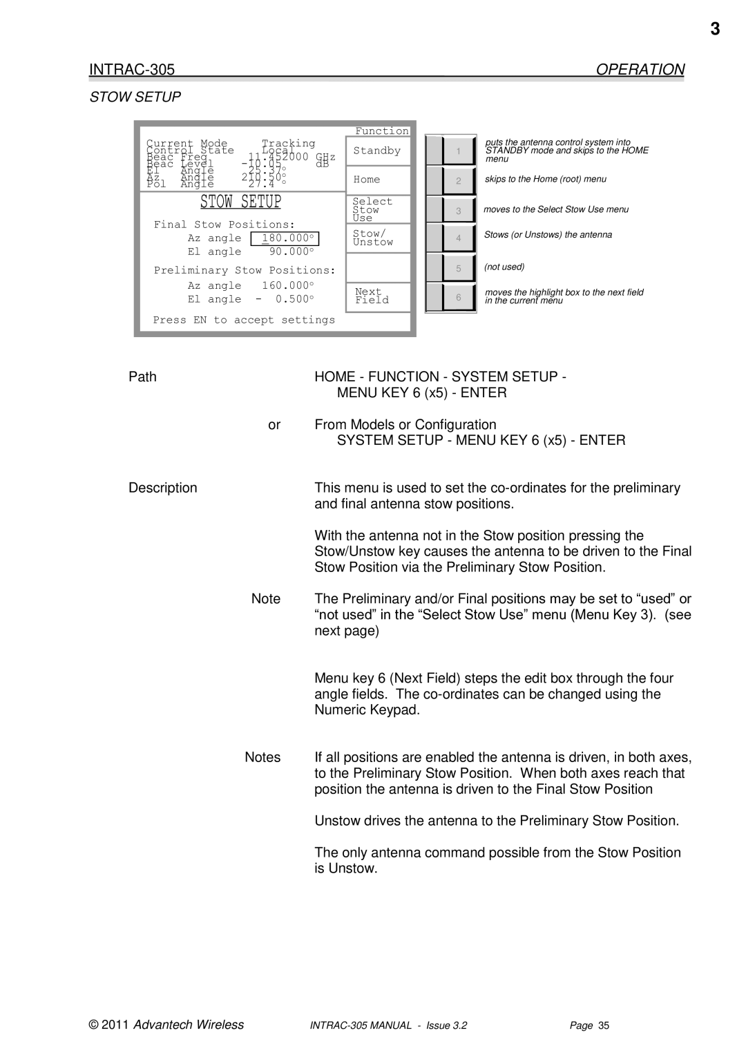 Advantech INTRAC-305 user manual Stow Setup 